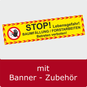 Preview: Absperrplane Baumfällung Forstarbeiten in Signalfarbe Gelb konfektioniert  mit Befestigunszubehör